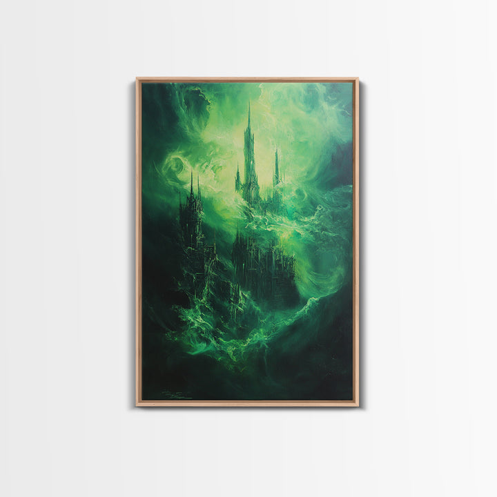 Emerald Gothic Floating Castle Large Canvas Print, Dark Fantasy Wall Art, Surreal Green Cityscape, Moody Home Decor Gift