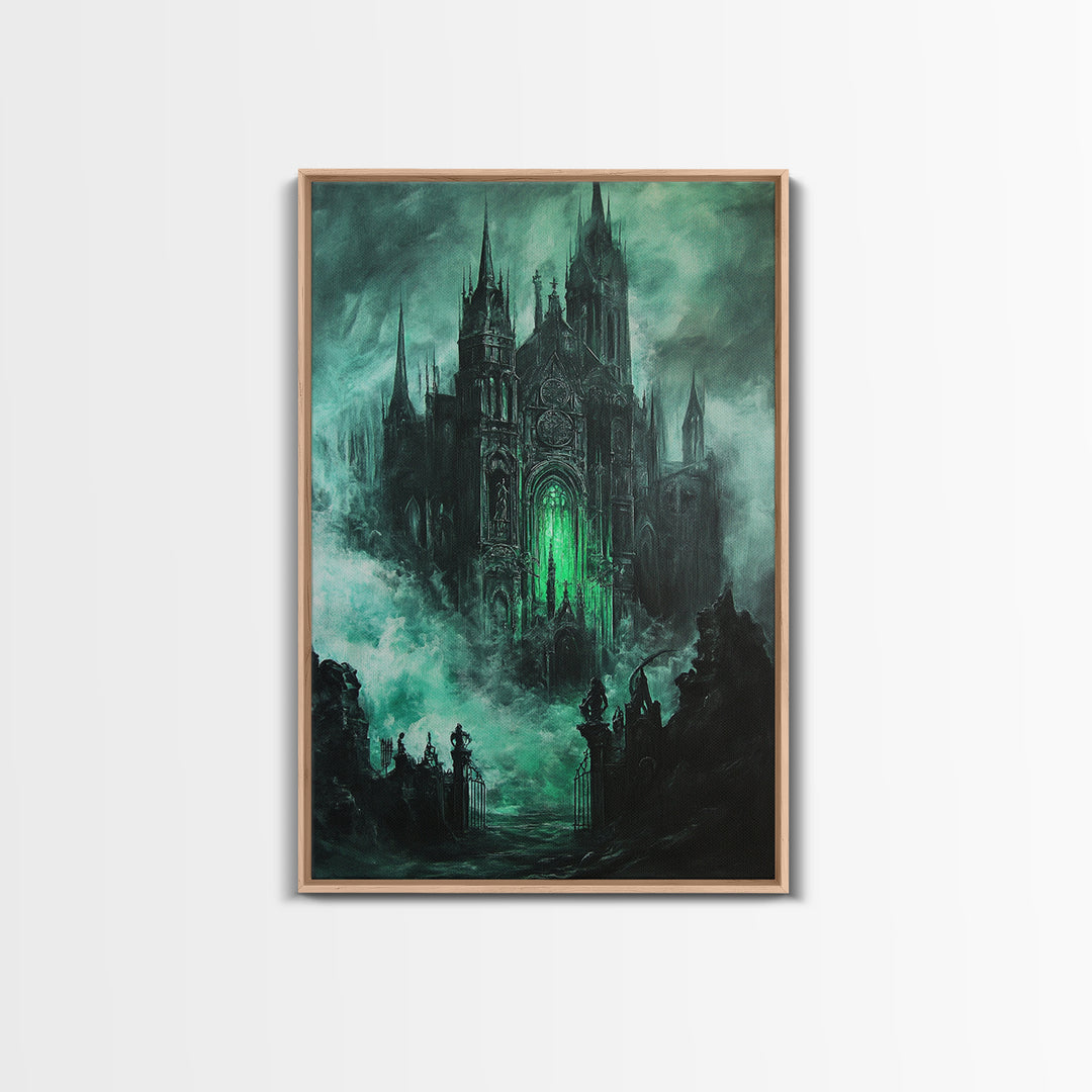 Haunted Gothic Cathedral In Emerald Mist Wall Art, Dark Academia Decor, Fantasy Architecture, Moody Framed Canvas Print, Gift