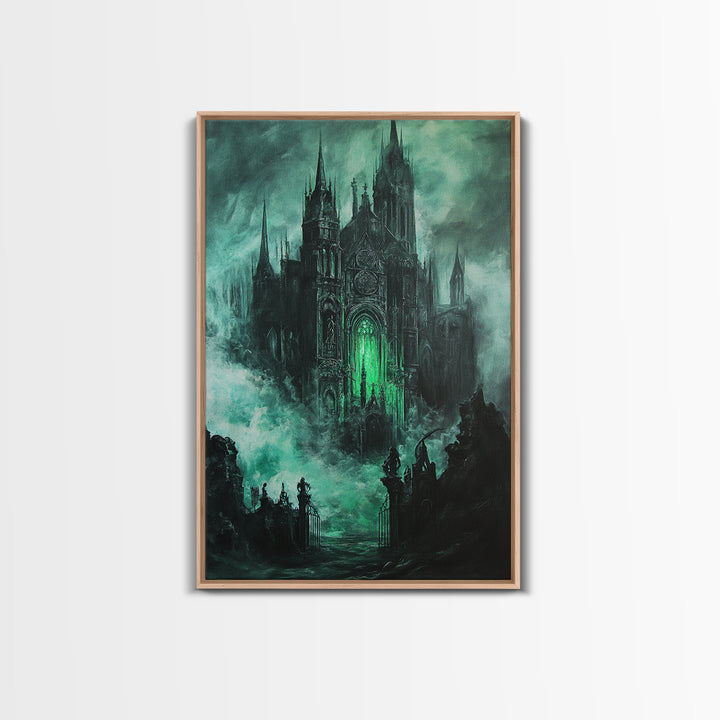 Haunted Gothic Cathedral In Emerald Mist Wall Art, Dark Academia Decor, Fantasy Architecture, Moody Framed Canvas Print, Gift
