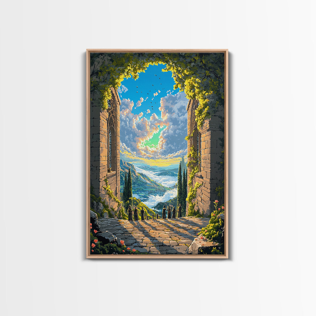 Sunlit Stone Archway Over Mountain Valley Wall Art, Italian Landscape Print, Garden Ruins Decor, Large Framed Canvas Print