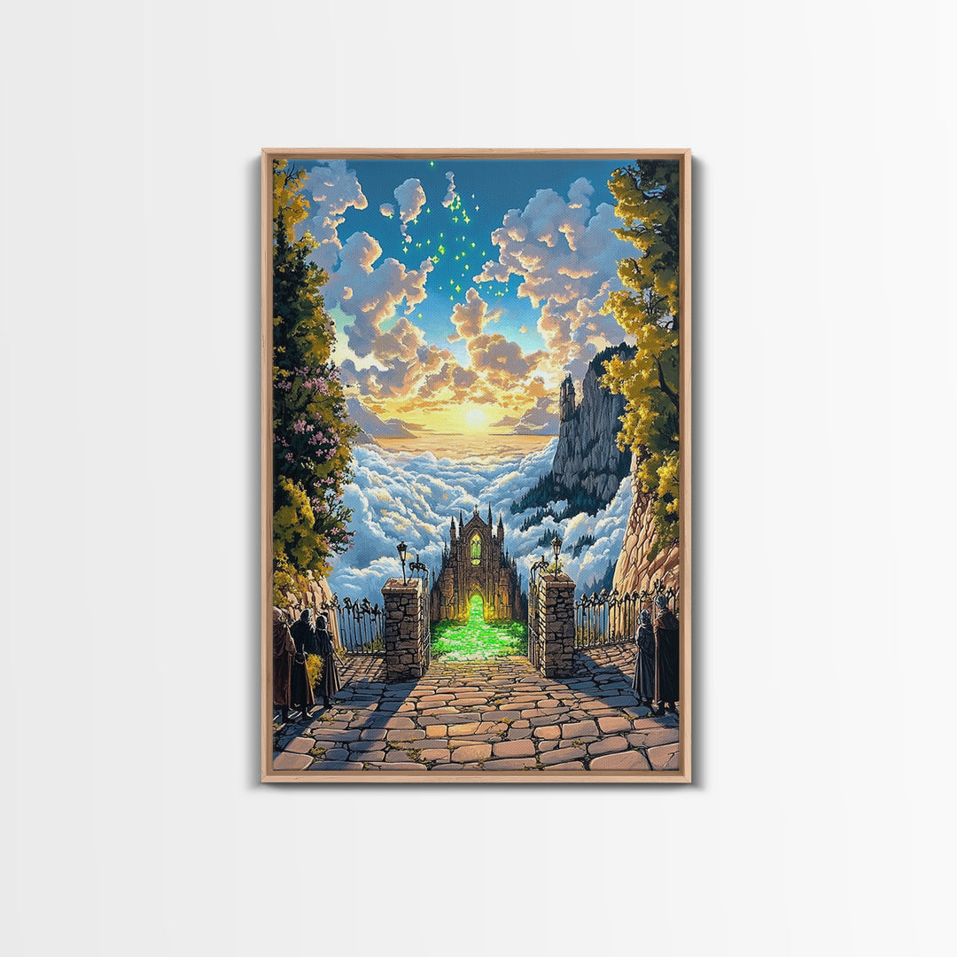 Glowing Cathedral Gate Above Cloud Sea Wall Art, Fantasy Landscape Print, Celestial Castle Decor, Large Framed Canvas Print