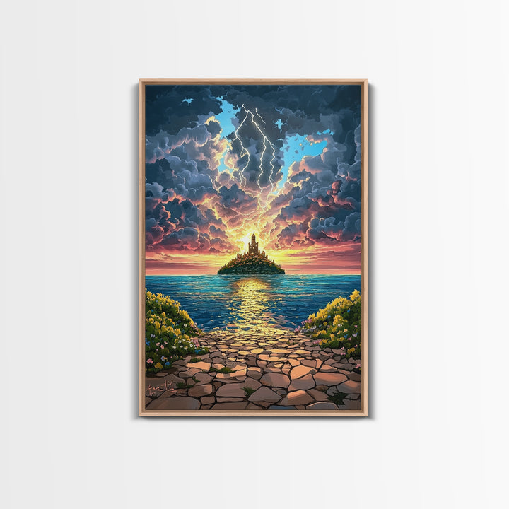 Lightning Over Island Tower At Sunset Wall Art, Dramatic Ocean Seascape Print, Fantasy Coastal Decor, Framed Canvas Print