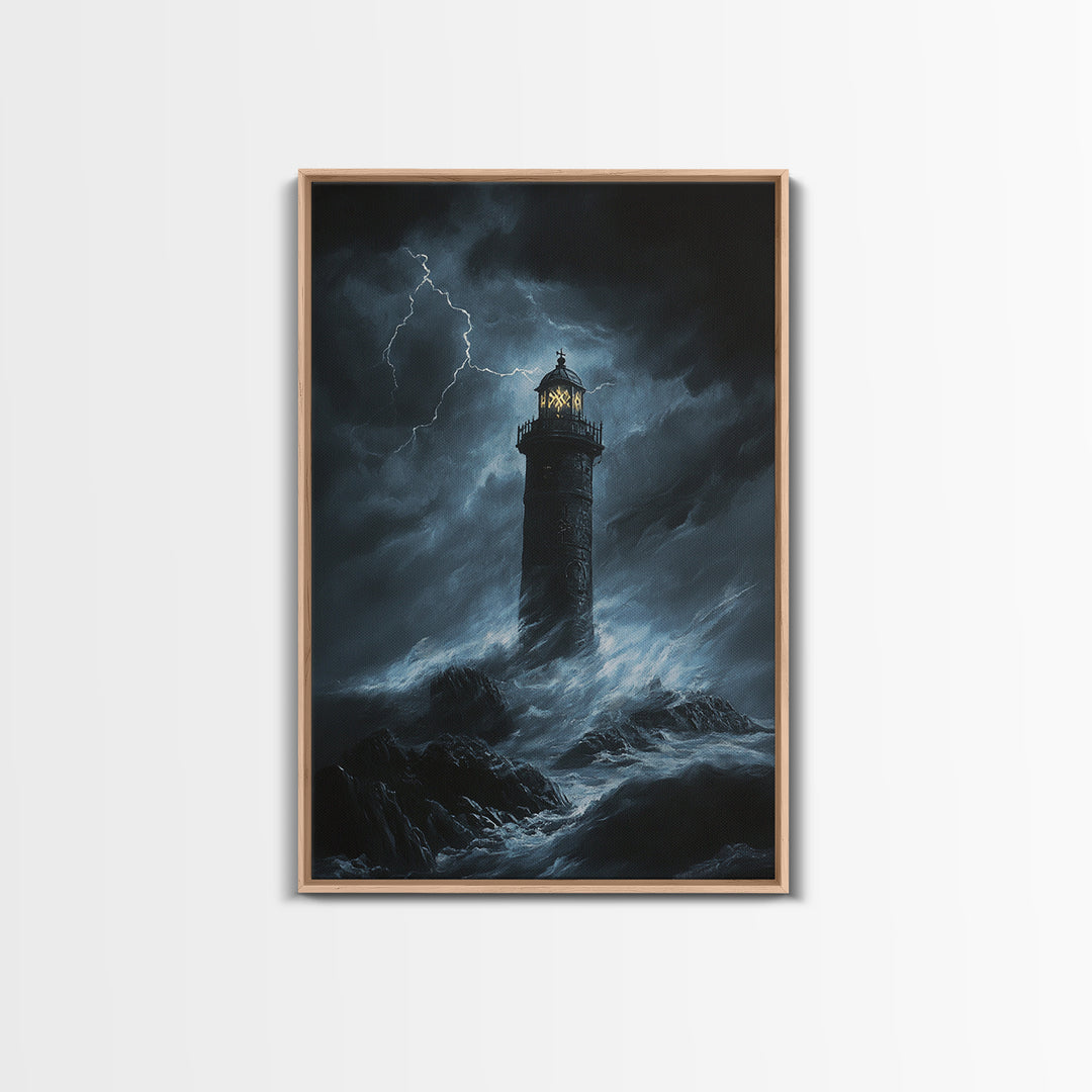 Stormy Lighthouse In Moonlit Waves Wall Art, Dark Coastal Seascape Print, Nautical Ocean Decor, Large Framed Canvas Print