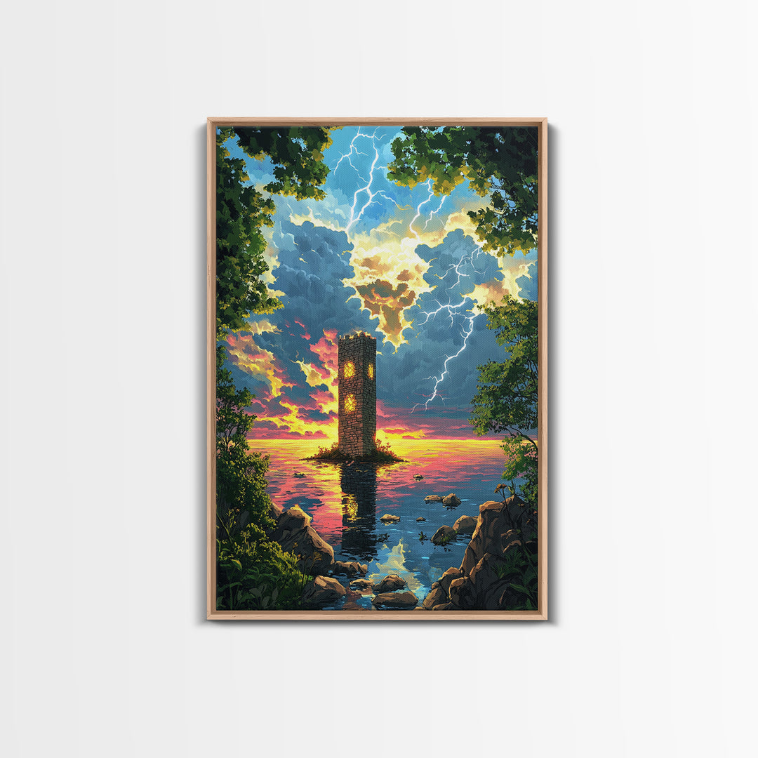Lightning Struck Sea Tower At Sunset Canvas Print, Fantasy Coastal Wall Art, Stormy Ocean Decor, Large Framed Canvas Print