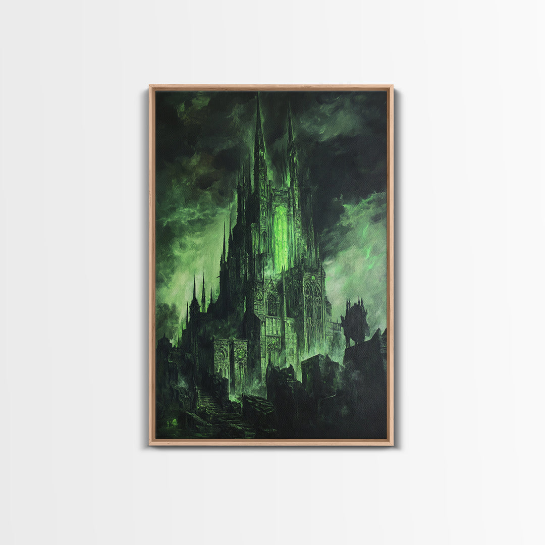 Dark Green Gothic Cathedral Wall Art, Fantasy Castle Print, Dark Academia Decor, Moody Wall Decor, Gothic Canvas Print, Mystical Art