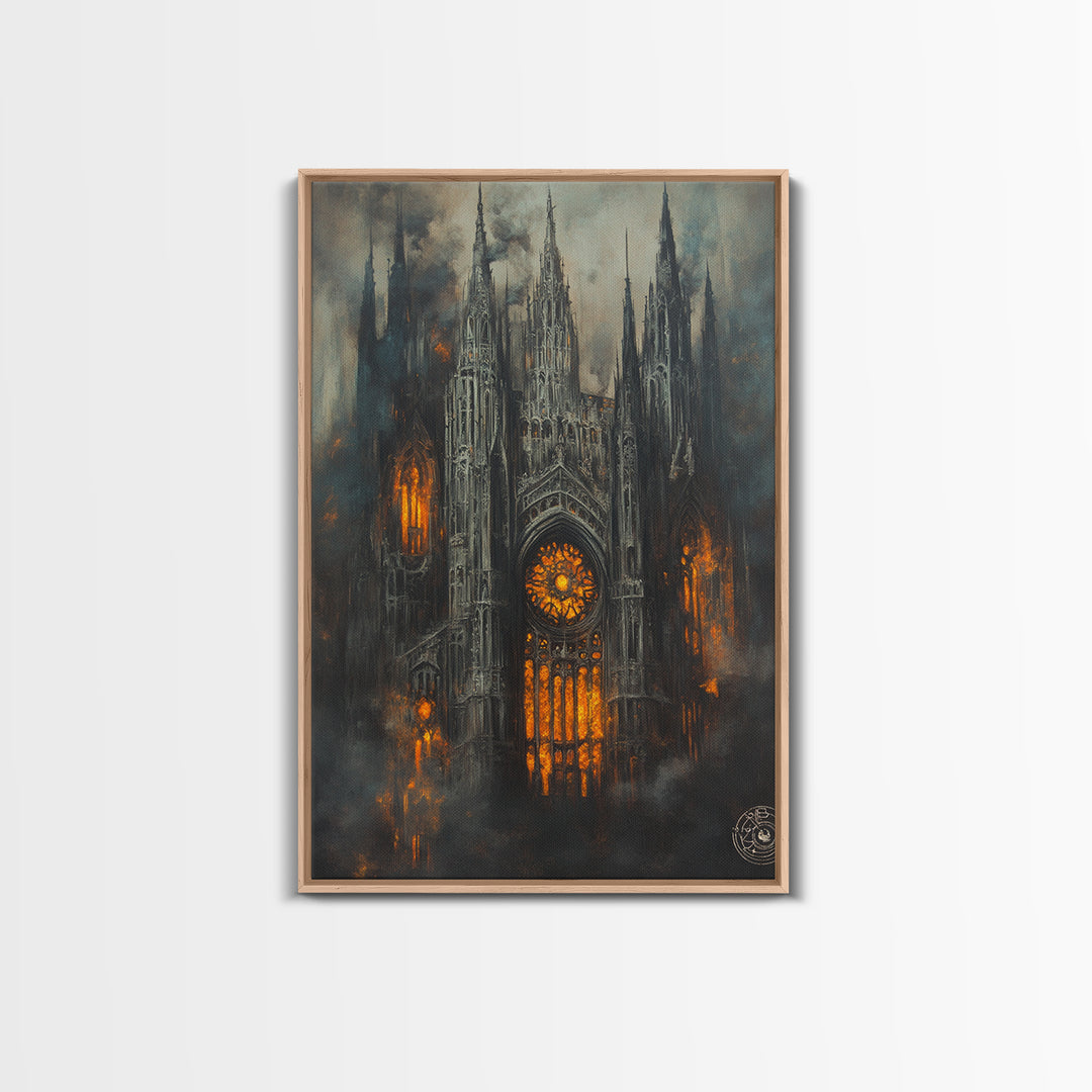 Burning Gothic Cathedral Canvas Print, Dark Fantasy Wall Art, Moody Architecture, Dark Academia Decor, Statement Artwork