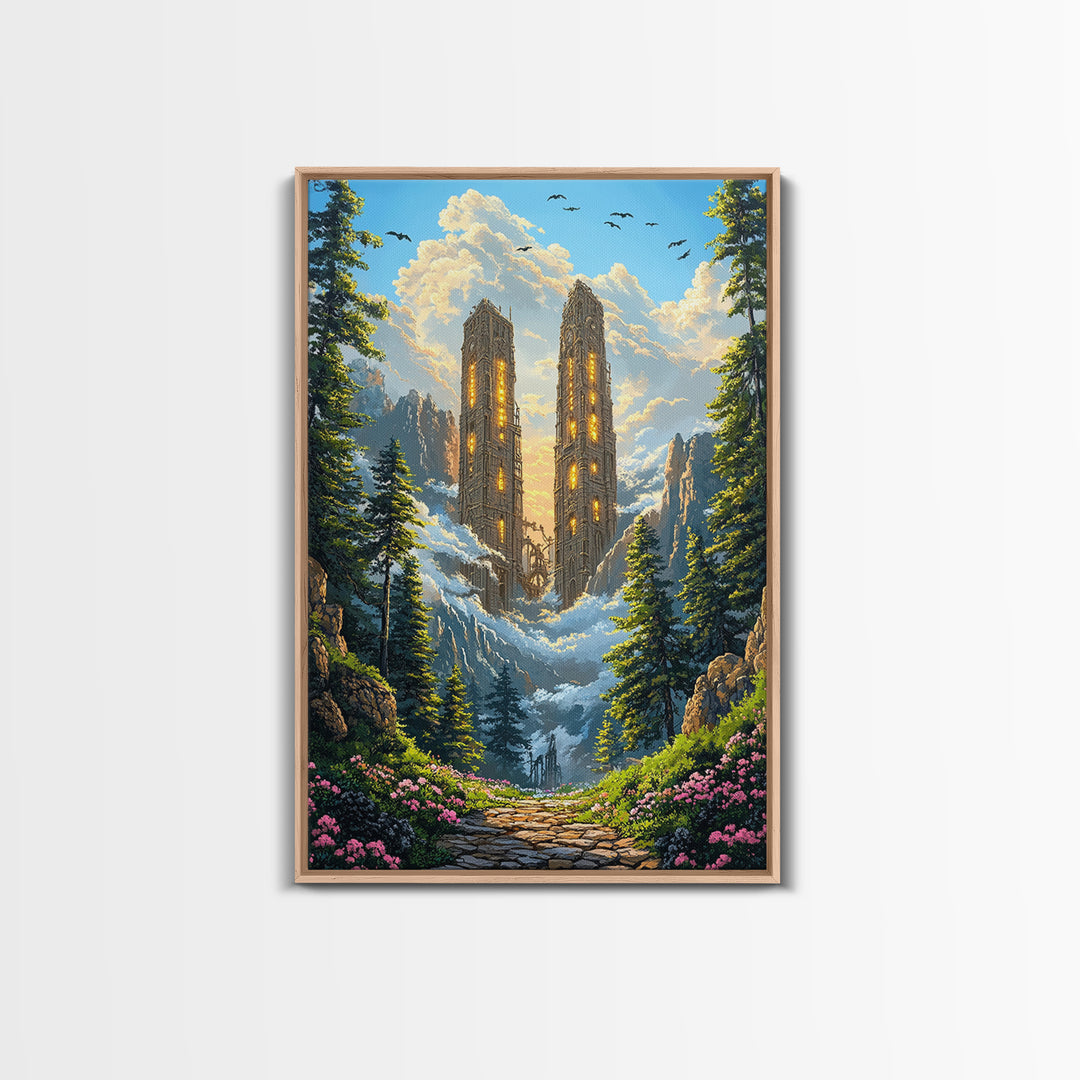 Twin Mountain Towers Canvas Print, Snowy Fantasy Landscape Wall Art, Pine Forest Decor, Large Wall Art, Living Room Decor