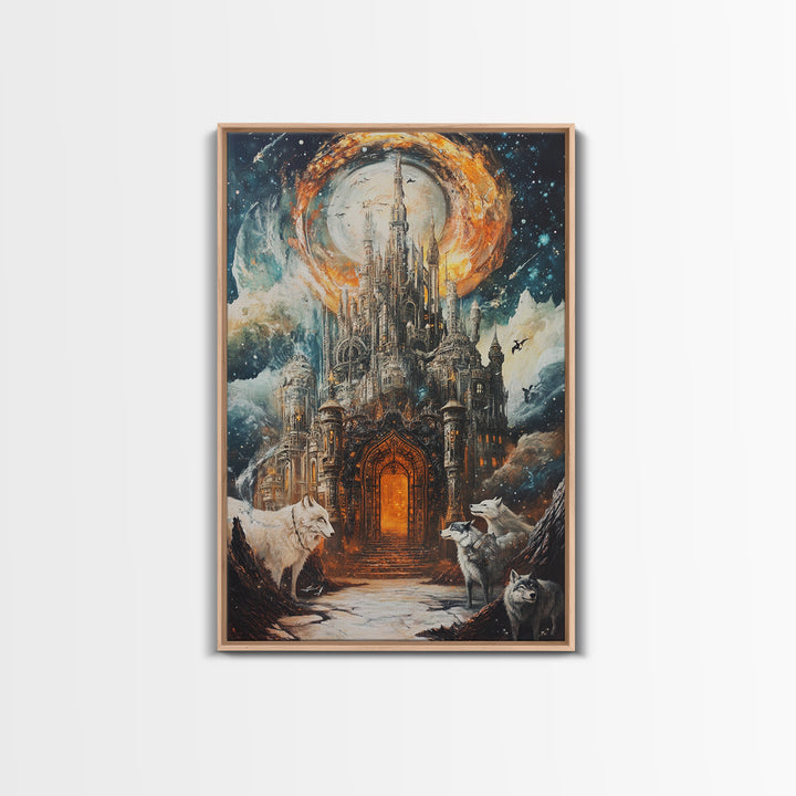 Gothic Moon Castle With Wolves Canvas Print, Fantasy Wall Art, Dark Academia Decor, Mystical Landscape, Gothic Home Decor