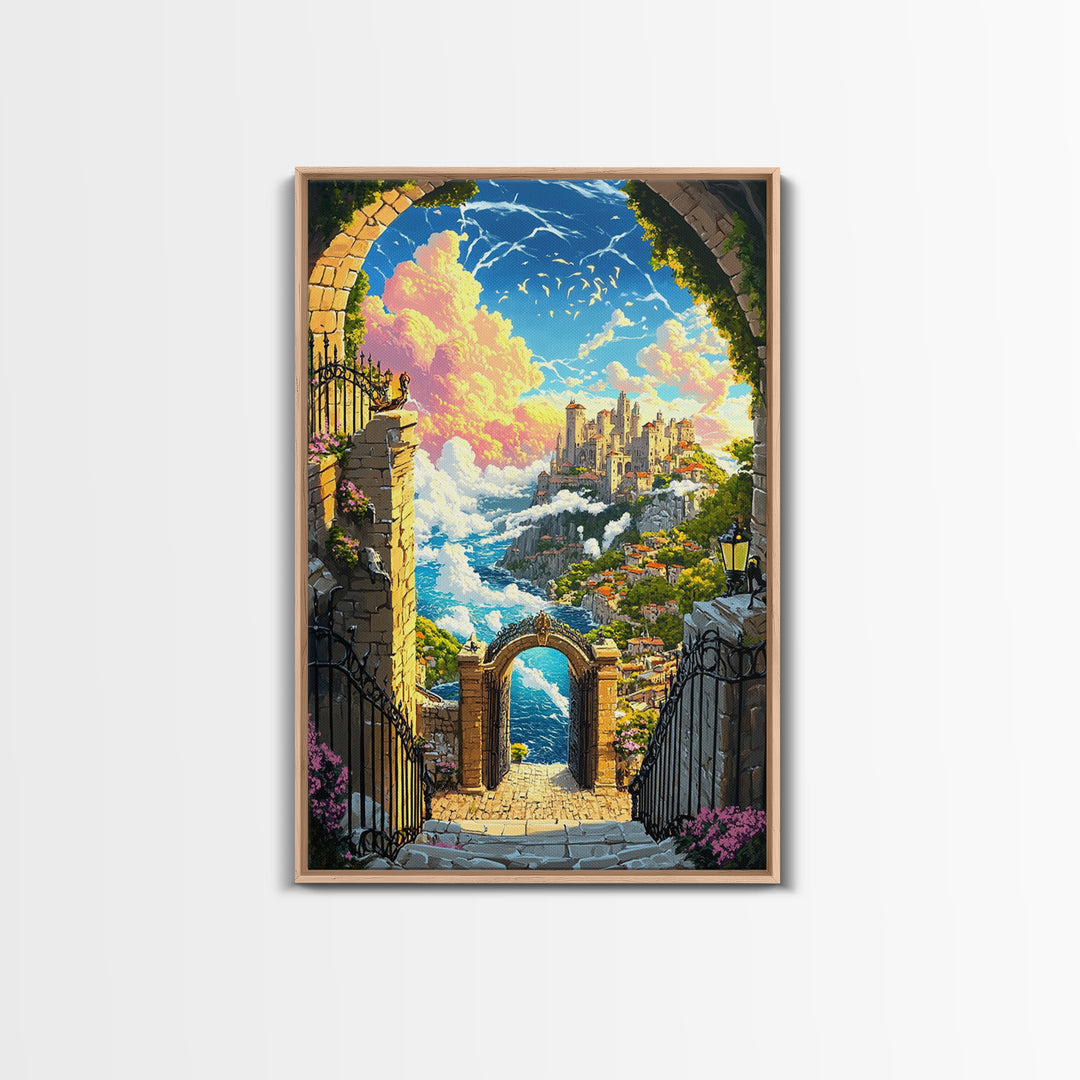 Clifftop Castle Gateway Canvas Print, Fantasy Coastal Wall Art, Whimsical Landscape, Storybook Decor, Large Art Print, Home Decor