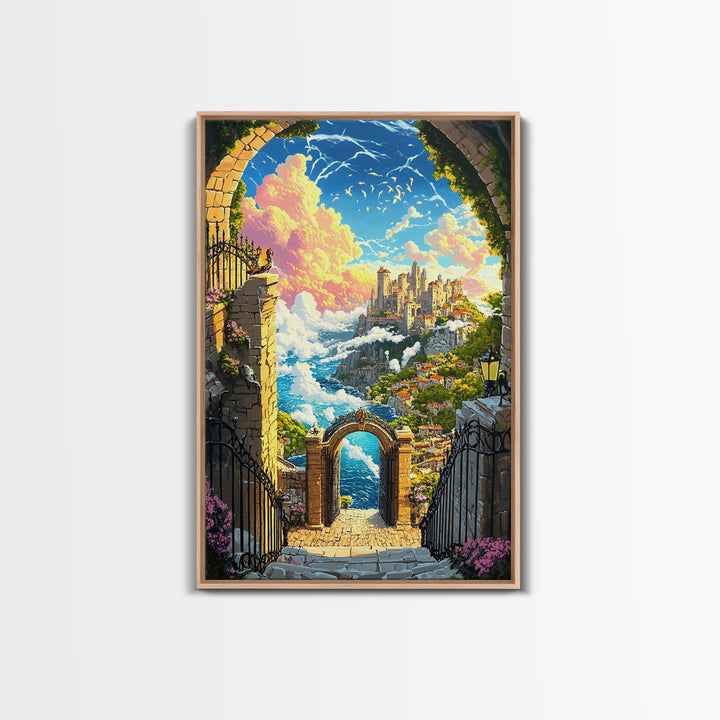 Clifftop Castle Gateway Canvas Print, Fantasy Coastal Wall Art, Whimsical Landscape, Storybook Decor, Large Art Print, Home Decor