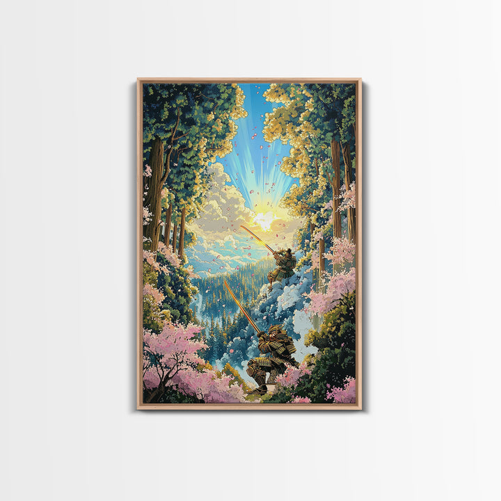 Samurai Forest Duel Canvas Print, Japanese Wall Art, Fantasy Landscape, Cherry Blossom Decor, Warrior Art, Adventure Poster