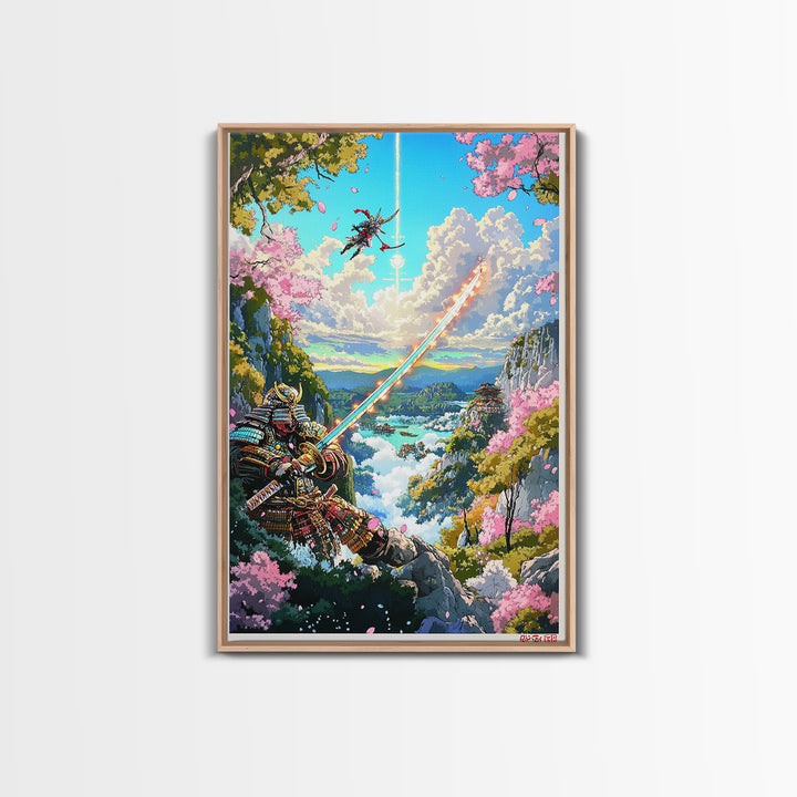 Glowing Sword Samurai Canvas Print, Japanese Wall Art, Fantasy Landscape, Cherry Blossom Decor, Warrior Art, Gaming Room Art
