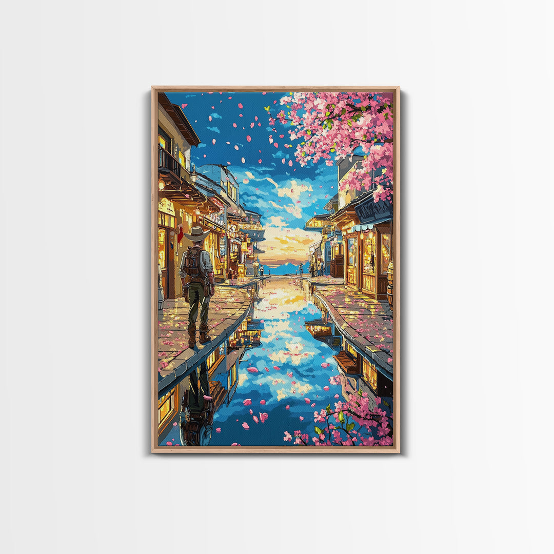 Cherry Blossom Canal Street Canvas Print, Japanese Wall Art, Kyoto Travel Poster, Reflective Water, Cozy Shop Decor, Home Decor