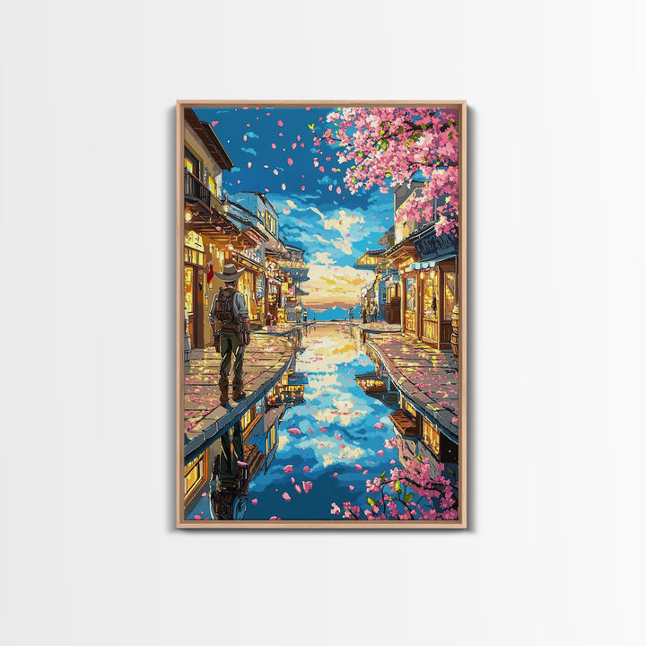 Cherry Blossom Canal Street Canvas Print, Japanese Wall Art, Kyoto Travel Poster, Reflective Water, Cozy Shop Decor, Home Decor