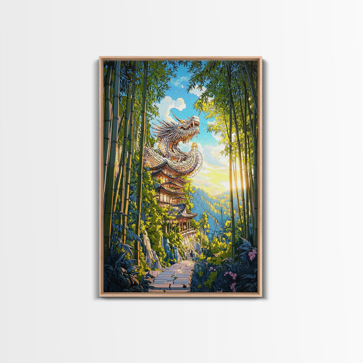 Sunlit Dragon Temple Bamboo Forest Wall Art, Japanese Fantasy Decor, Pagoda Landscape Print, Mystical Asian Home Decor Gift