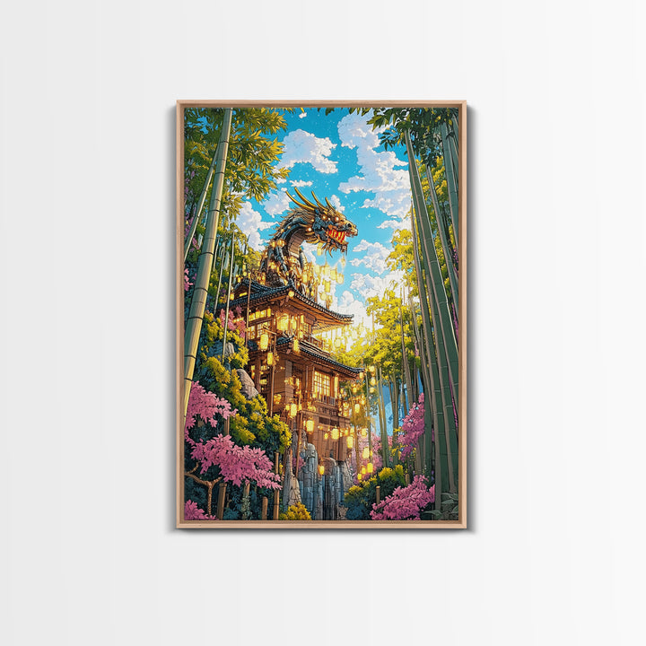 Golden Dragon Pagoda With Cherry Blossoms Canvas Print, Japanese Wall Art, Fantasy Landscape, Asian Home Decor Gift For Her