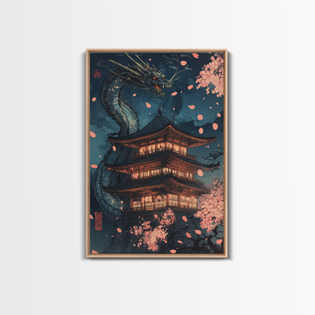 Moonlit Dragon Pagoda With Sakura Petals Framed Canvas Print, Japanese Wall Art, Dark Fantasy Decor, Cherry Blossom Poster