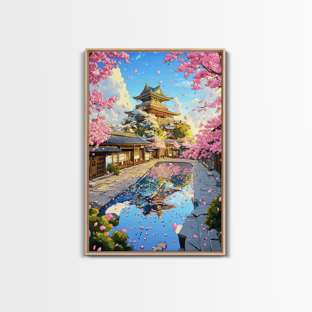 Cherry Blossom Castle Courtyard Reflection Canvas Print, Japanese Wall Art, Spring Landscape Decor, Pink Floral Art Gift