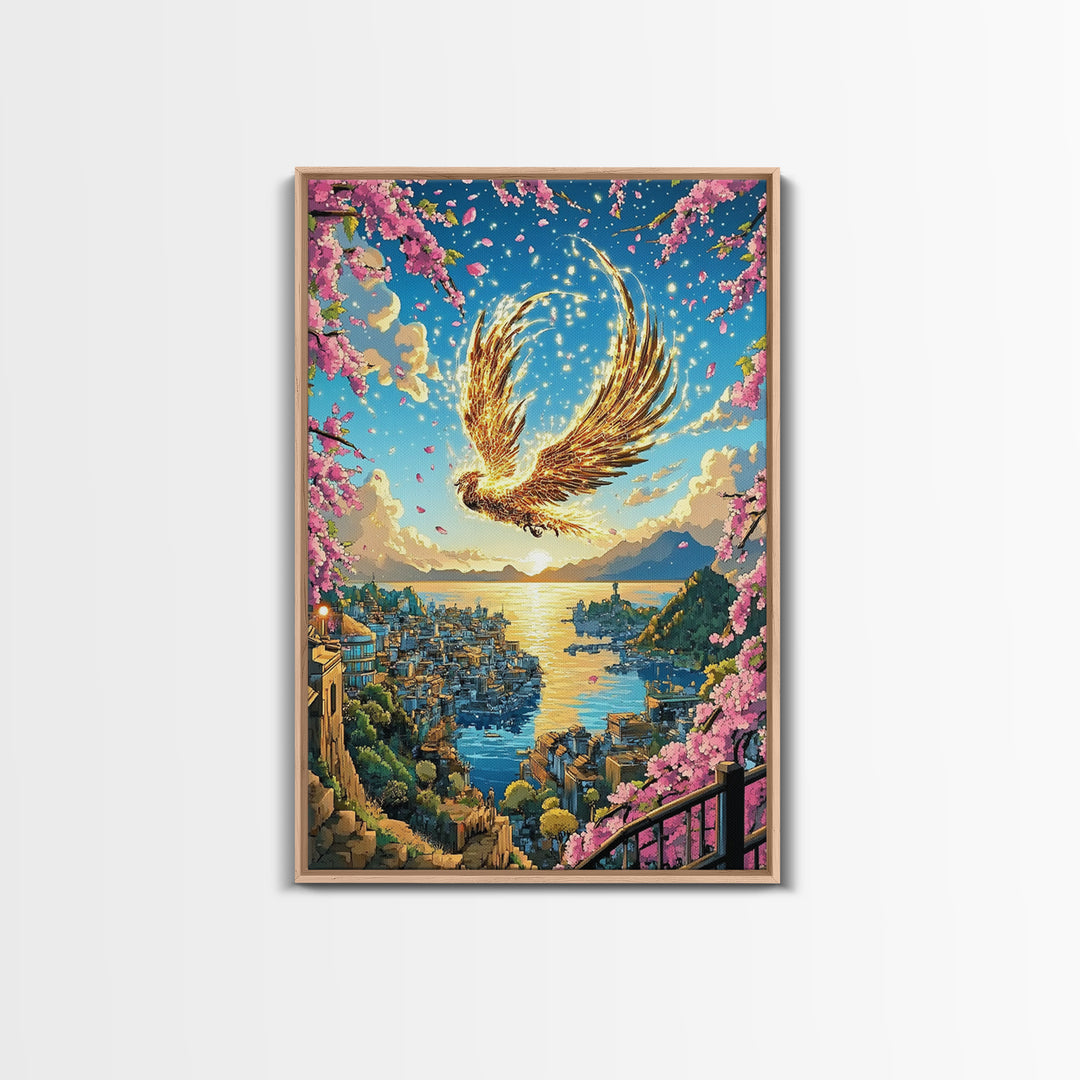 Golden Phoenix Over Harbor At Sunset Wall Art, Cherry Blossom Fantasy Print, Japanese Coastal Decor, Mythical Bird Poster