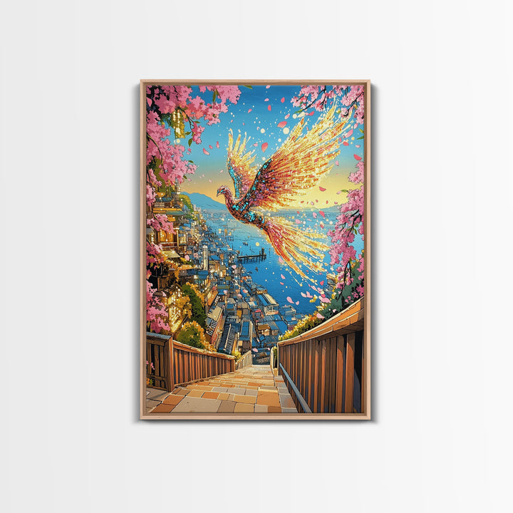 Fiery Phoenix Above Harbor Stairs Canvas Print, Cherry Blossom Japanese Wall Art, Vibrant Coastal Decor, Fantasy Gift For Her