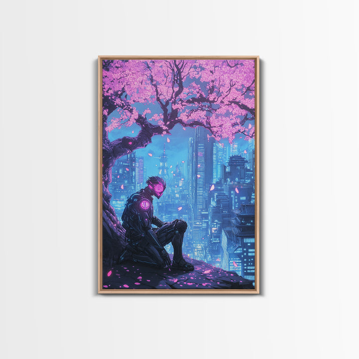 Cyberpunk Samurai Under Sakura Framed Canvas Print, Futuristic City Wall Art, Neon Sci Fi Decor, Gaming Room Wall Decor, Gift For Him