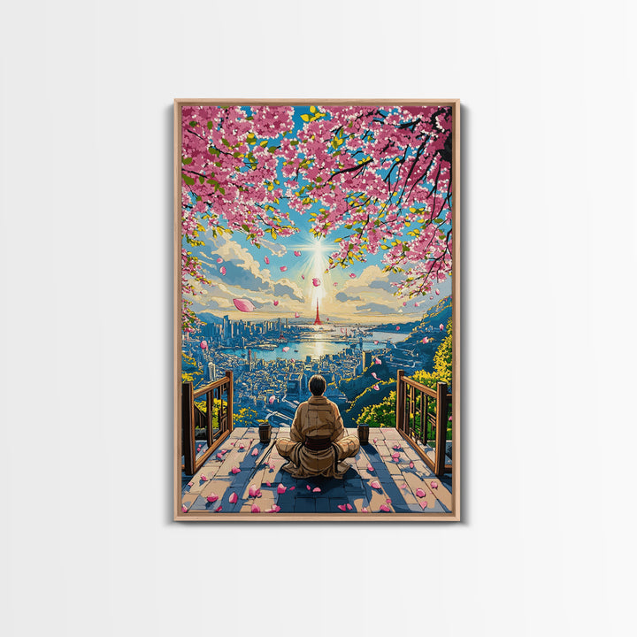 Cherry Blossom City Meditation Canvas Print, Japanese Sakura Landscape Wall Art, Zen Sunrise Decor, Modern Living Room Art
