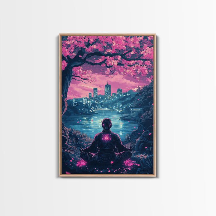 Neon Android Sakura Lake Meditation Wall Art, Cyberpunk Cityscape Print, Pink Cherry Blossom Decor, Sci Fi Bedroom Art, Gaming Room Decor