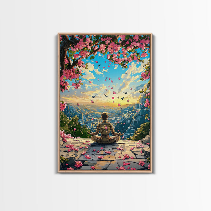 Android Meditation Sakura Valley Wall Art, Futuristic Robot Landscape Print, Cherry Blossom Decor, Japanese Anime Wall Decor