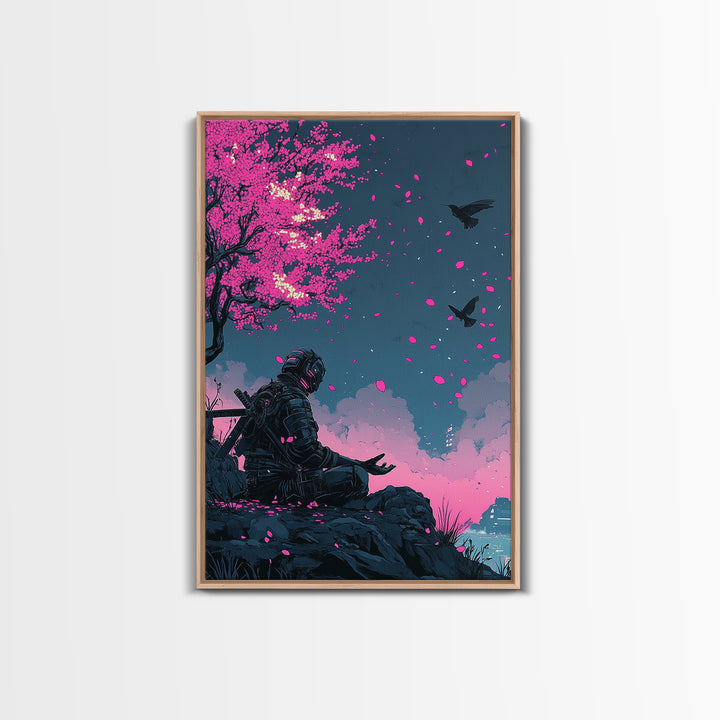 Cyberpunk Warrior Sakura Night Framed Canvas Print, Neon Sci Fi Wall Art, Pink Cherry Blossom Decor, Futuristic Poster, Gift For Him