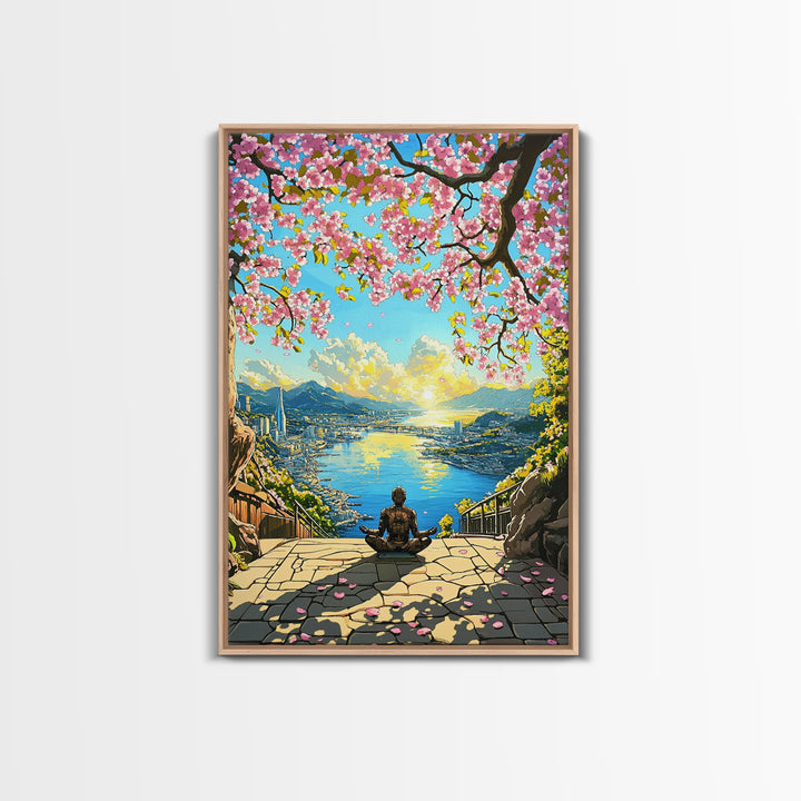 Cherry Blossom Ocean City Meditation Canvas Print, Japanese Landscape Wall Art, Sakura Sunrise Decor, Zen Home Decor Gift