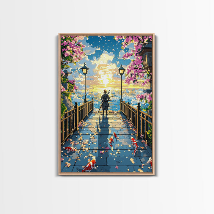 Samurai On Lantern Bridge At Ocean Sunset Wall Art, Japanese Cherry Blossom Koi Print, Anime Landscape Living Room Decor