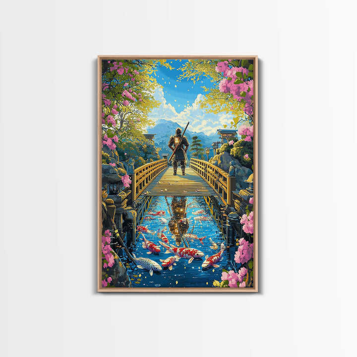 Samurai On Wooden Bridge Above Koi Pond Framed Canvas Print, Japanese Wall Art, Cherry Blossom Mountain Landscape Decor Print