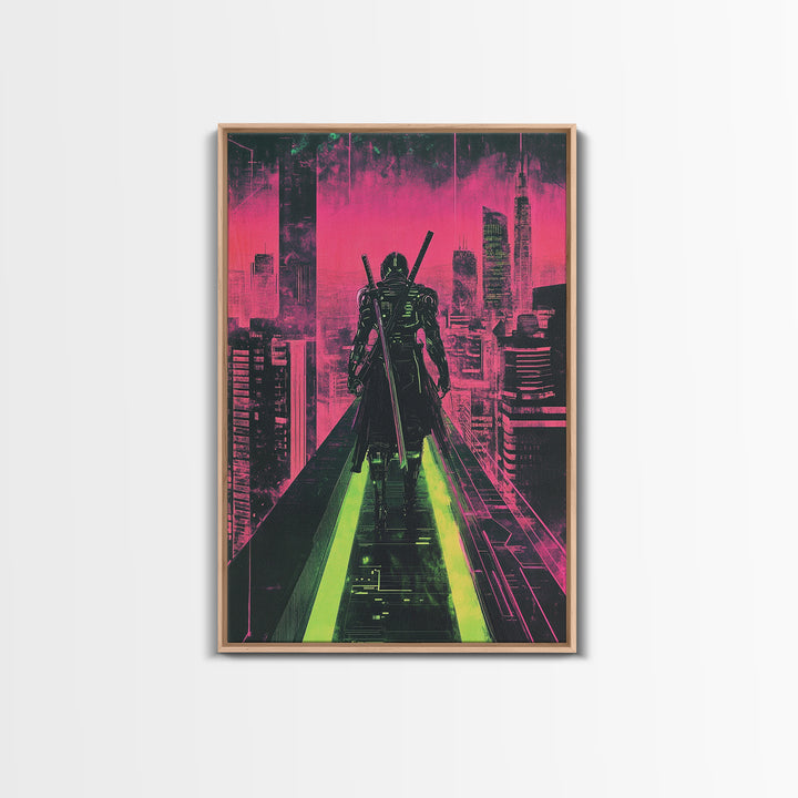 Cyberpunk Samurai On Neon Rooftop Wall Art, Futuristic Cityscape Poster, Pink Green Sci Fi Gaming Room Decor For Him Gift
