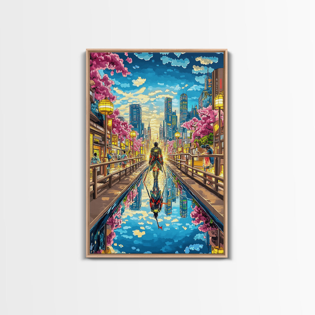 Samurai In Modern City Canal Reflection Canvas Print, Japanese Cherry Blossom Wall Art, Cyberpunk Anime Living Room Decor