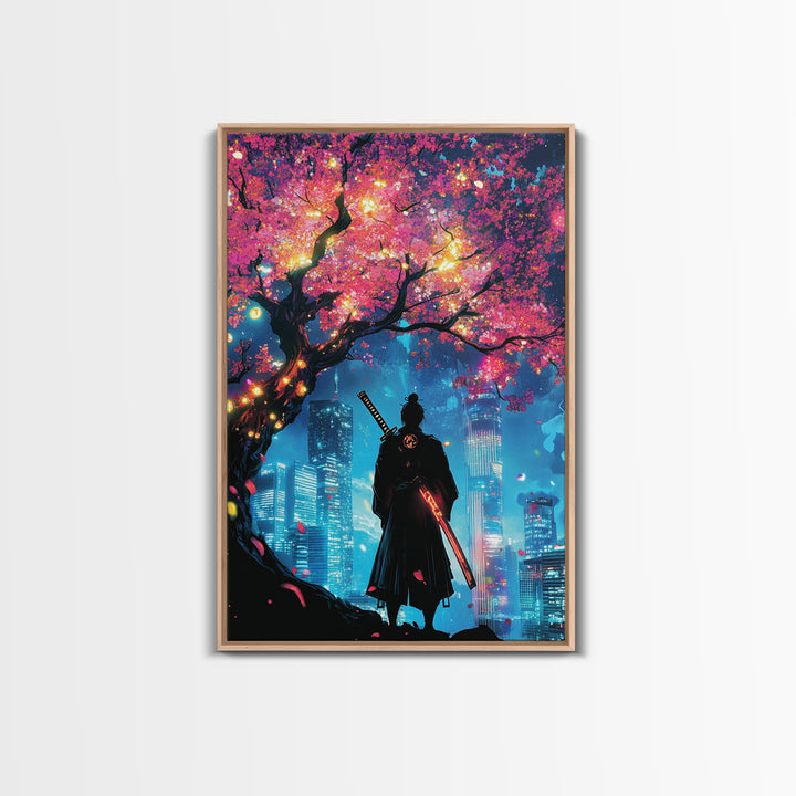 Cyberpunk Samurai Under Glowing Sakura Tree Wall Art, Neon Japanese Cityscape, Moody Anime Poster, Gaming Room Decor Gift For Him