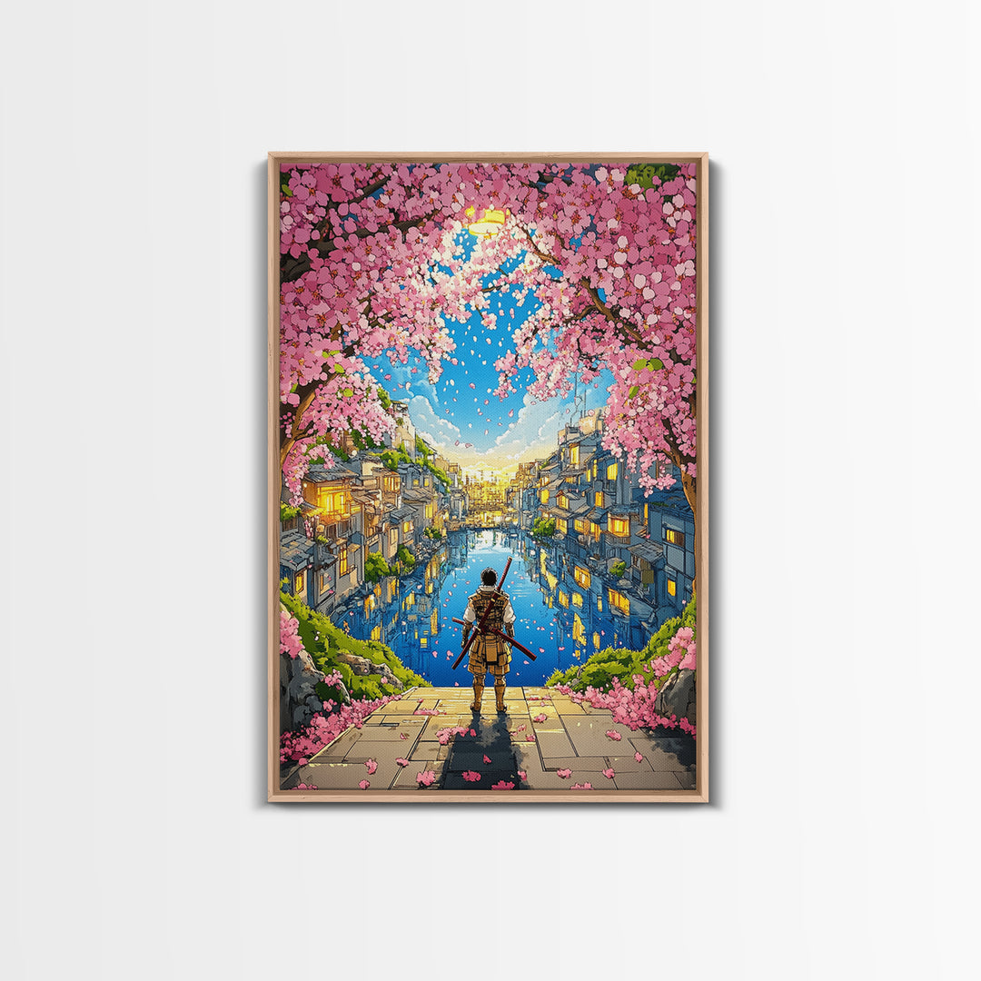 Samurai By Cherry Blossom Canal In Japanese Town Framed Canvas Print, Anime Landscape Wall Art, Cozy Living Room Decor Print
