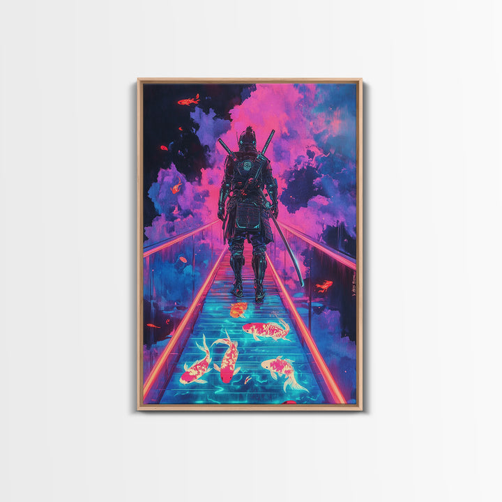 Neon Samurai On Glowing Koi Bridge Framed Canvas Print, Cyberpunk Wall Art, Surreal Japanese Anime Gaming Room Decor Gift