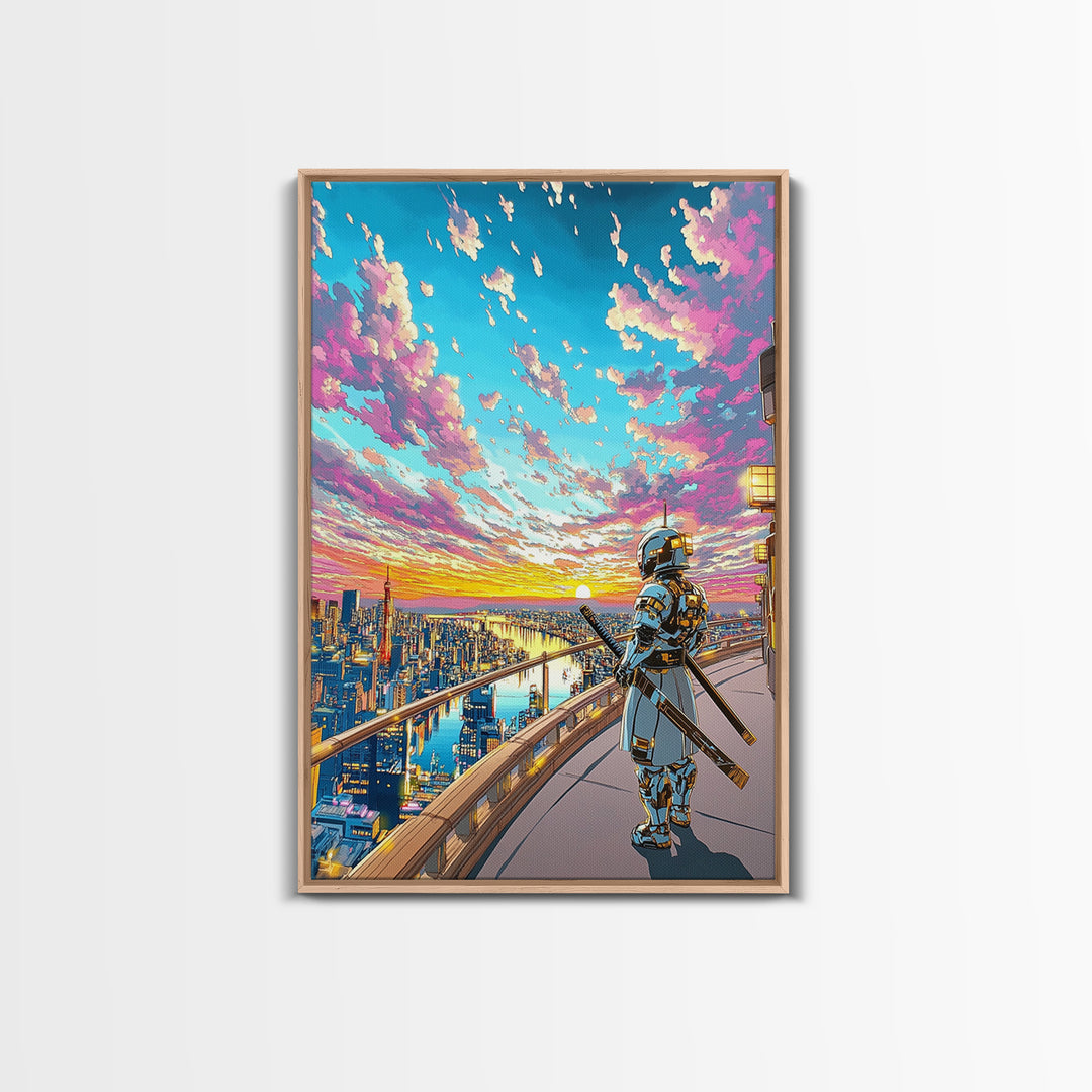 Samurai On Skyline Balcony At Pink Sunset Canvas Print, Japanese Cyberpunk Wall Art, Anime Cityscape Home Office Decor Print