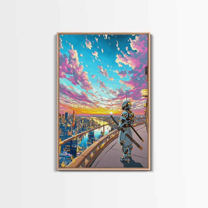 Samurai On Skyline Balcony At Pink Sunset Canvas Print, Japanese Cyberpunk Wall Art, Anime Cityscape Home Office Decor Print