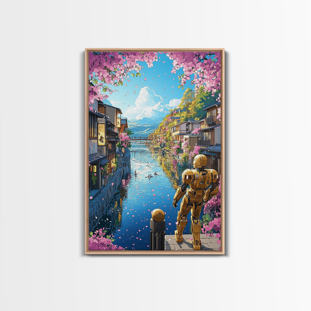 Golden Robot By Sakura Canal Wall Art, Japanese Cityscape Canvas, Futuristic Kyoto Decor, Anime Landscape Print For Living Room Decor