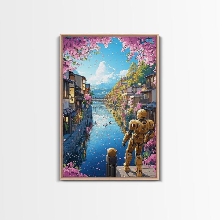 Golden Robot By Sakura Canal Wall Art, Japanese Cityscape Canvas, Futuristic Kyoto Decor, Anime Landscape Print For Living Room Decor
