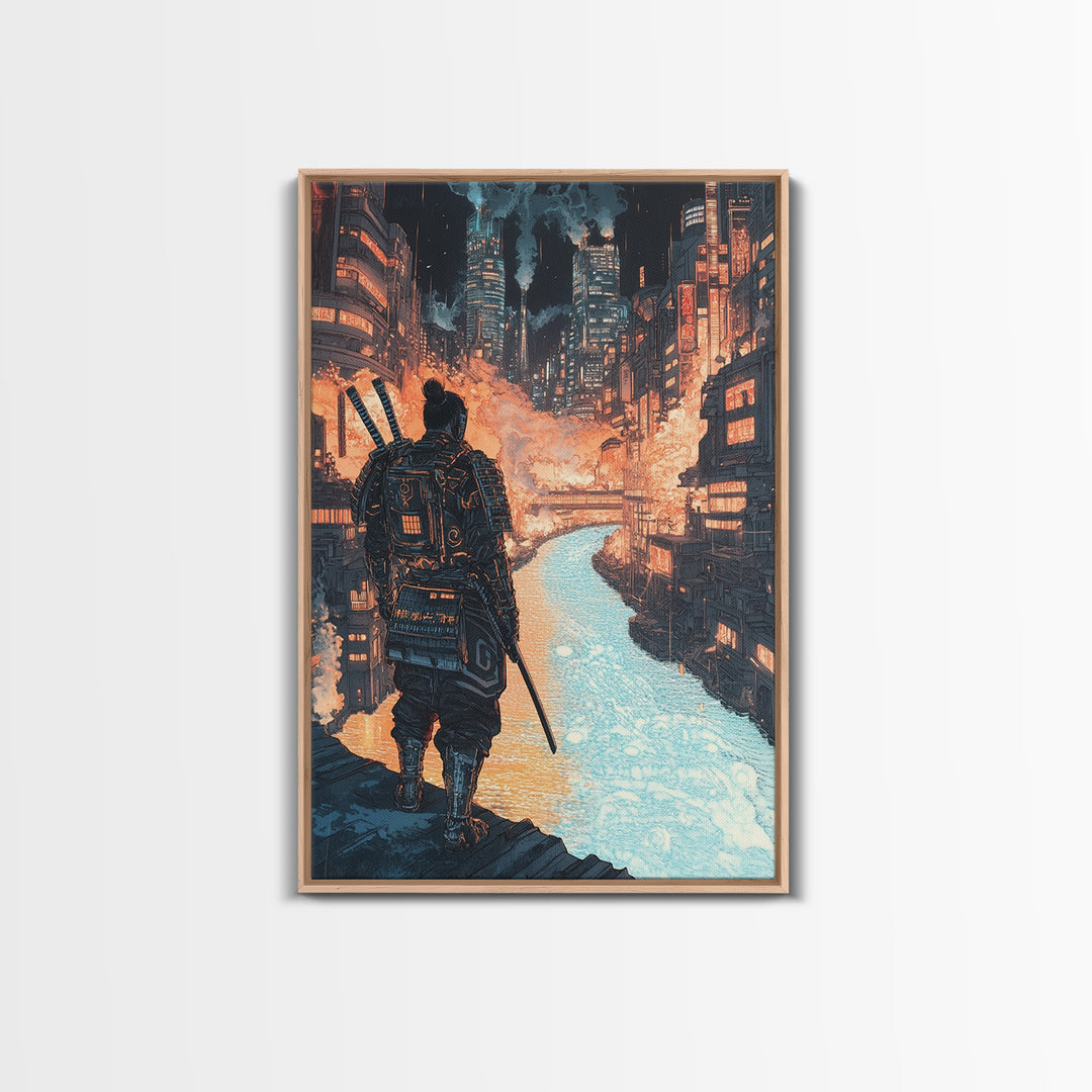 Cyberpunk Samurai Over Neon Canal Framed Canvas Print, Futuristic Japanese City Wall Decor, Sci Fi Warrior Office Art Print