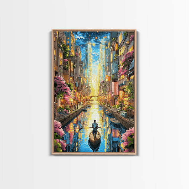 Lone Boat On Glowing Urban Canal Wall Art, Futuristic Cityscape Canvas Print, Sakura Skyline Living Room Decor, Modern Home Decor