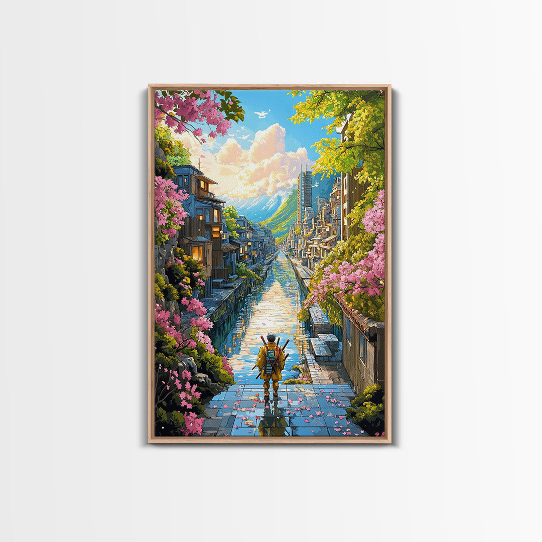 Samurai On Stone Steps Above Canal Framed Canvas Print, Japanese Mountain City Wall Art, Sakura Landscape Home Decor Gift