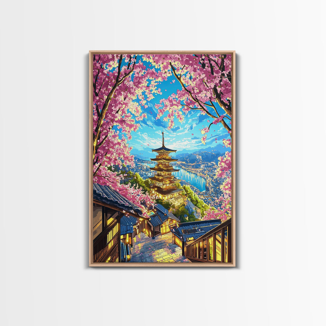 Golden Pagoda Above Blue Harbor Wall Art, Cherry Blossom Japanese Landscape Canvas Print, Kyoto Travel Home Decor Gift For Her
