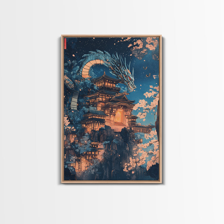 Moonlit Dragon Over Ancient Castle Canvas Print, Japanese Fantasy Wall Art, Sakura Nightscape Gothic Home Decor Mythical Gift