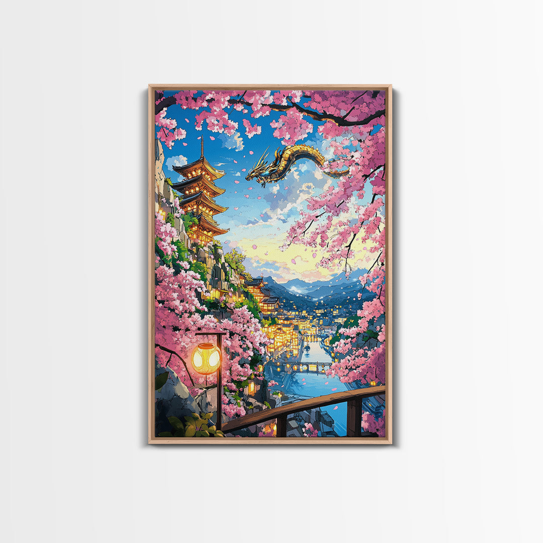 Flying Dragon Above Sakura Pagoda Framed Canvas Print, Japanese Fantasy Landscape Wall Art, Pink Cherry Blossom Decor Print