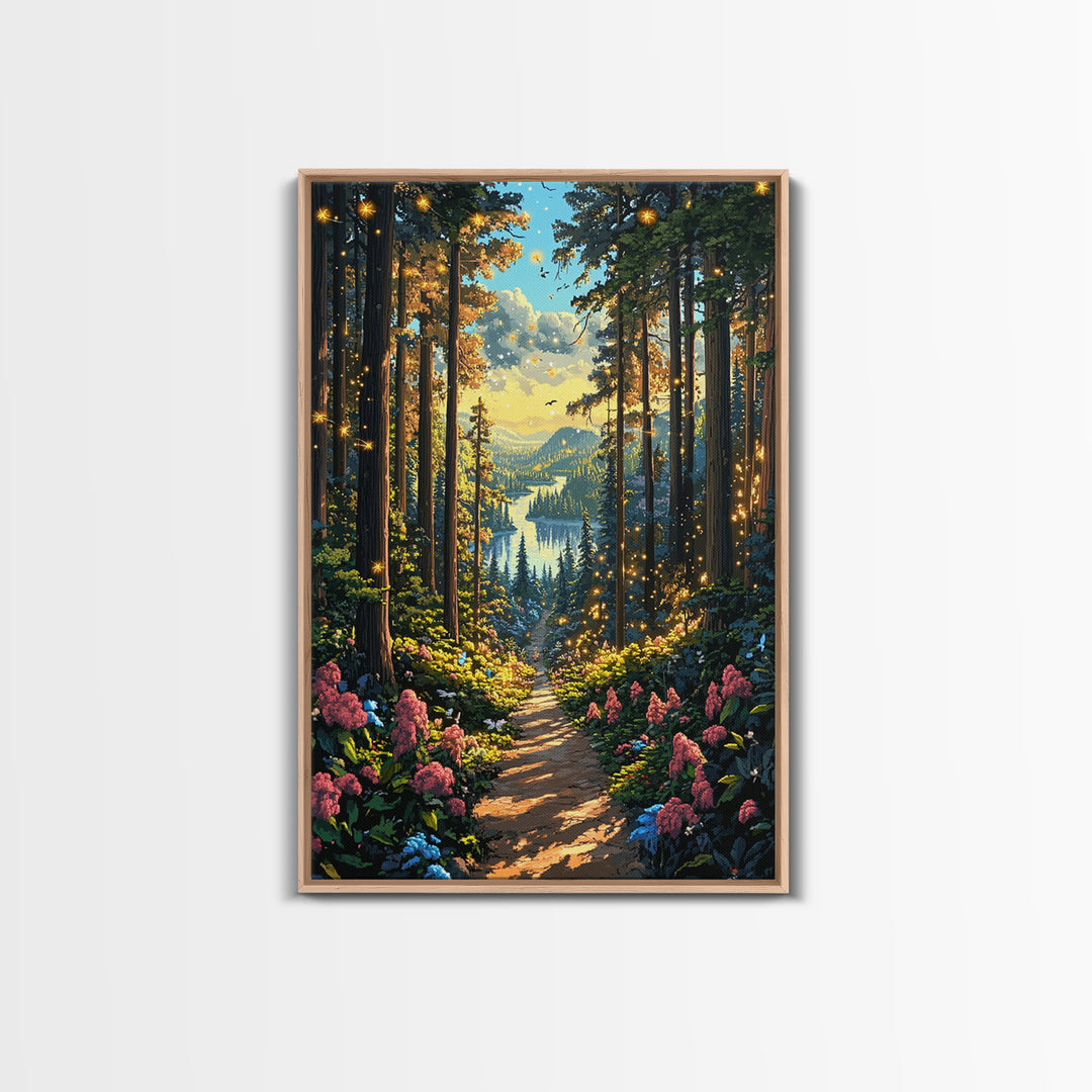 Enchanted Forest Path With Fireflies Wall Art, Mountain Lake Canvas Print, Whimsical Nature Landscape Home Decor Gift For Her