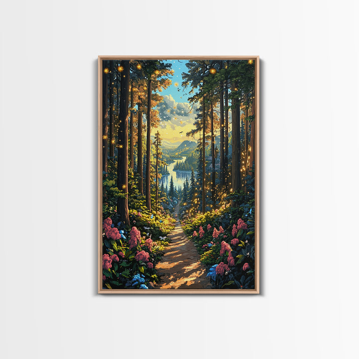Enchanted Forest Path With Fireflies Wall Art, Mountain Lake Canvas Print, Whimsical Nature Landscape Home Decor Gift For Her