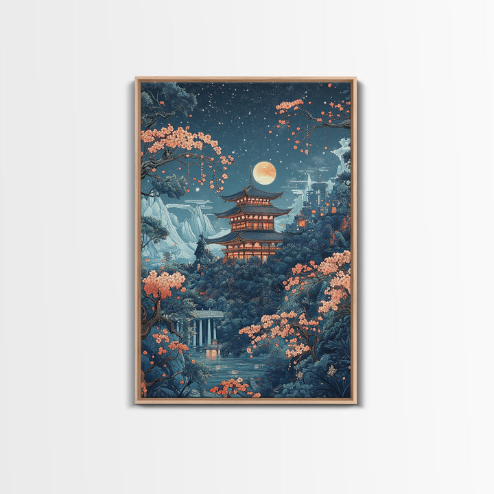 Moonlit Pagoda In Sakura Garden Framed Canvas Print, Japanese Night Landscape Wall Art, Celestial Asian Home Decor Moon Art